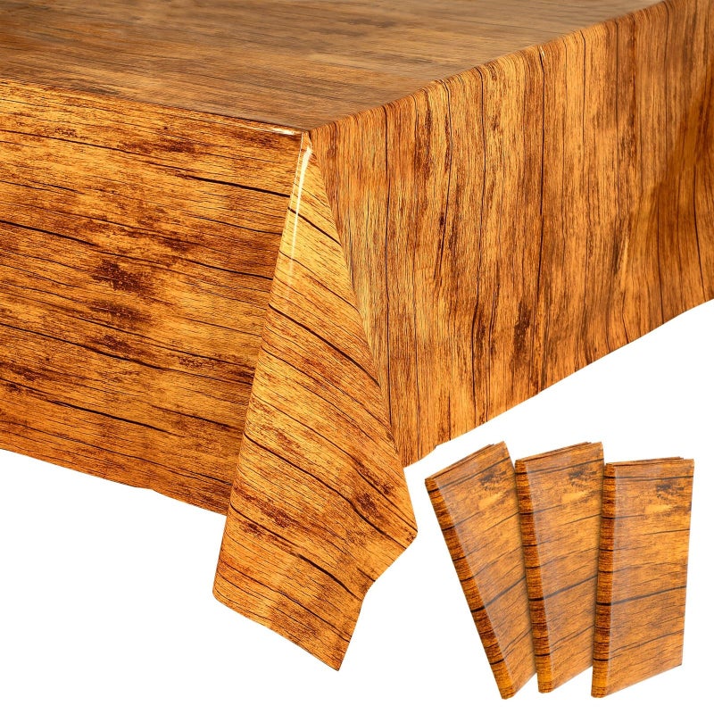 Blue Panda 3 Pack Wood Grain Tablecloth for Rectangle Tables, Brown Wooden Plastic Table Cover, 54x108 in Wood Tablecloth - Image 1